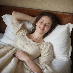 In an intimate 18th-century setting, a woman reclines blissfully on her bed, her hands delicately covering her eyes as a warm, delighted smile adorns her face