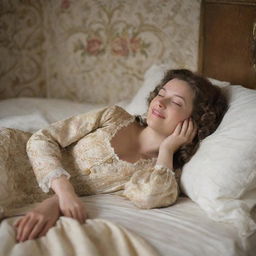 In an intimate 18th-century setting, a woman reclines blissfully on her bed, her hands delicately covering her eyes as a warm, delighted smile adorns her face