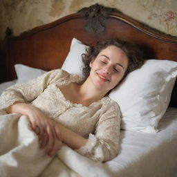 In an intimate 18th-century setting, a woman reclines blissfully on her bed, her hands delicately covering her eyes as a warm, delighted smile adorns her face