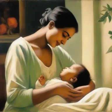 The painting depicted a mother singing a lullaby to her child, creating a serene and peaceful atmosphere.