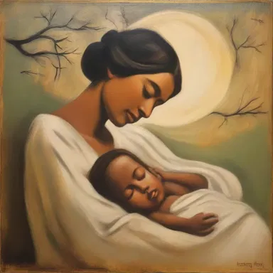 The painting depicted a mother singing a lullaby to her child, creating a serene and peaceful atmosphere.