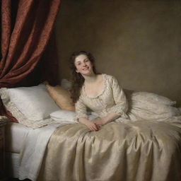 In a peaceful 18th-century tableau, a woman is depicted resting on her bed, a serene and joyous smile gracing her face as she enjoys dreams filled with delight