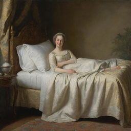 In a peaceful 18th-century tableau, a woman is depicted resting on her bed, a serene and joyous smile gracing her face as she enjoys dreams filled with delight