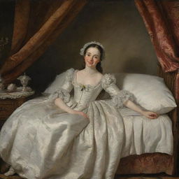 In a peaceful 18th-century tableau, a woman is depicted resting on her bed, a serene and joyous smile gracing her face as she enjoys dreams filled with delight