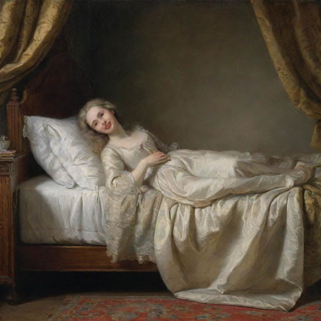 In a peaceful 18th-century tableau, a woman is depicted resting on her bed, a serene and joyous smile gracing her face as she enjoys dreams filled with delight