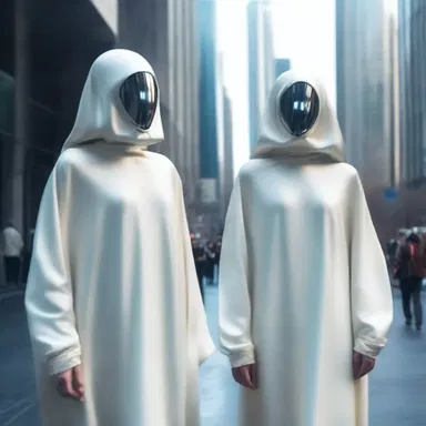 In the distant future, humans may live in cities filled with robed individuals wearing clothes made of advanced synthetic materials.