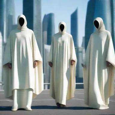 In the distant future, humans may live in cities filled with robed individuals wearing clothes made of advanced synthetic materials.