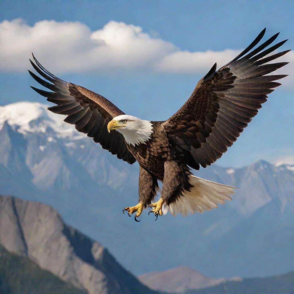 An awe-inspiring eagle flying high above the mountains, symbolizing success and freedom.