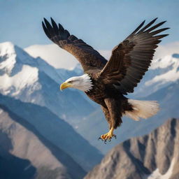 An awe-inspiring eagle flying high above the mountains, symbolizing success and freedom.