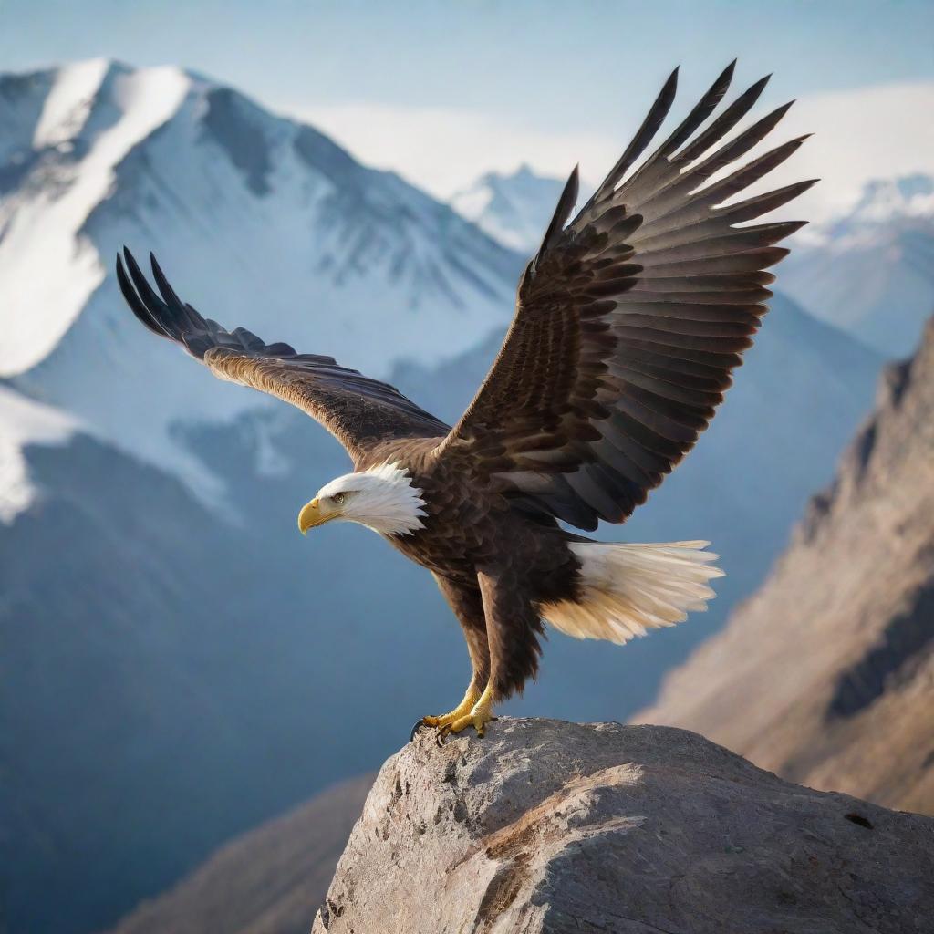 An awe-inspiring eagle flying high above the mountains, symbolizing success and freedom.