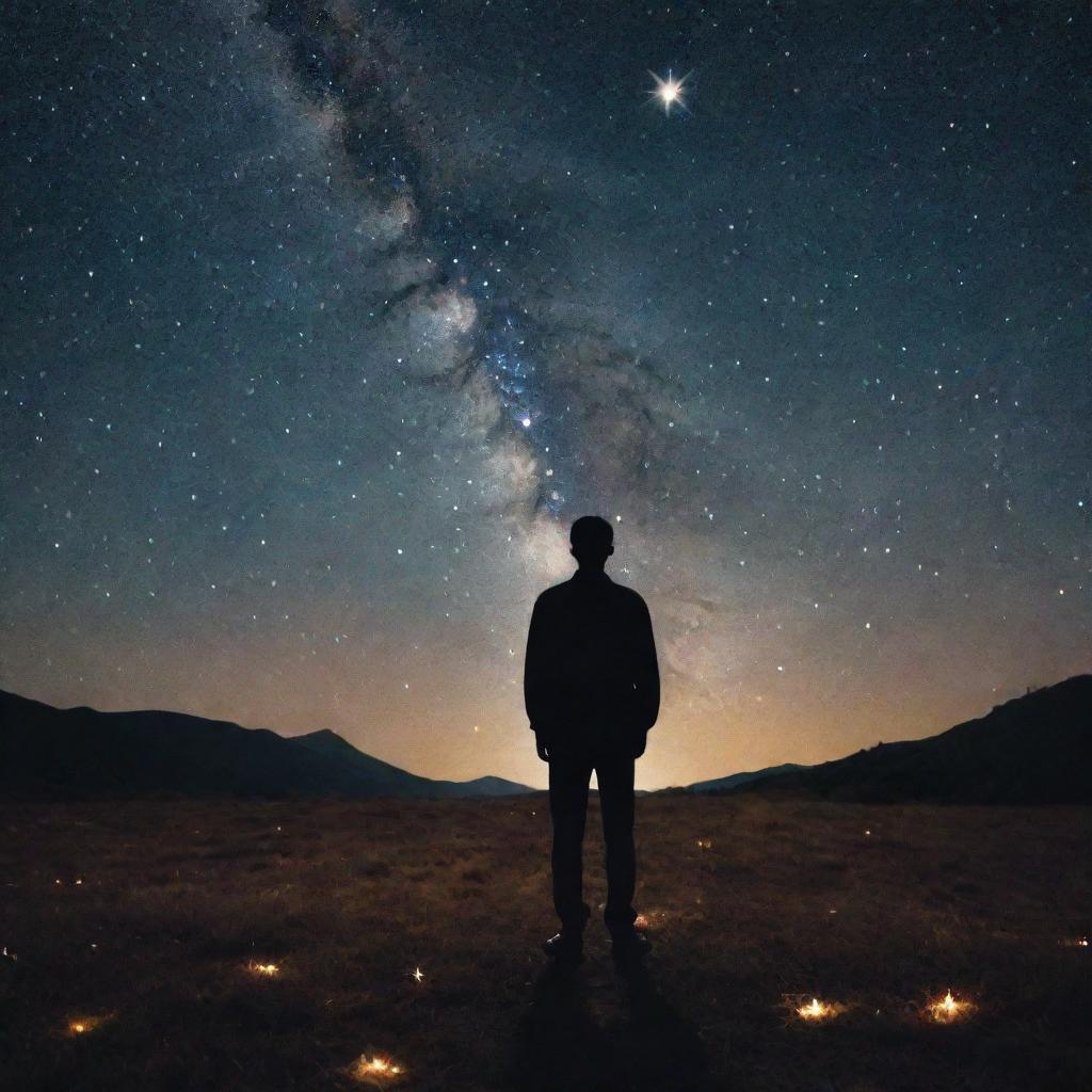 A surreal image of an individual standing amidst a mesmerizing star-strewn night sky, each twinkling star symbolizing a thought of a cherished person