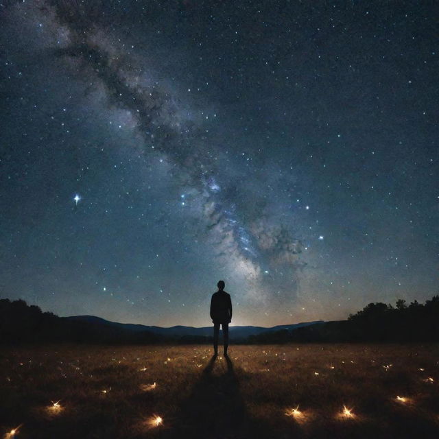 A surreal image of an individual standing amidst a mesmerizing star-strewn night sky, each twinkling star symbolizing a thought of a cherished person