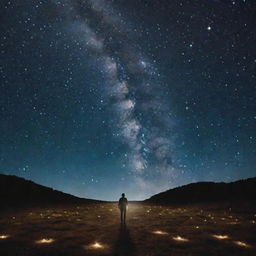 A surreal image of an individual standing amidst a mesmerizing star-strewn night sky, each twinkling star symbolizing a thought of a cherished person