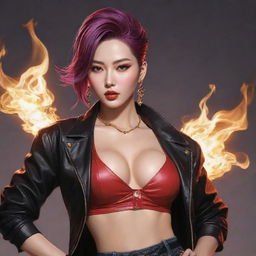 Generate a detailed illustration of Kim Dan from Jinx, portraying her sharp personality and unique style, including her extravagant fashion choices and daring attitude.