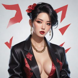 Generate a detailed illustration of Kim Dan from Jinx, portraying her sharp personality and unique style, including her extravagant fashion choices and daring attitude.