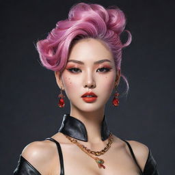 Generate a detailed illustration of Kim Dan from Jinx, portraying her sharp personality and unique style, including her extravagant fashion choices and daring attitude.