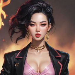 Generate a detailed illustration of Kim Dan from Jinx, portraying her sharp personality and unique style, including her extravagant fashion choices and daring attitude.