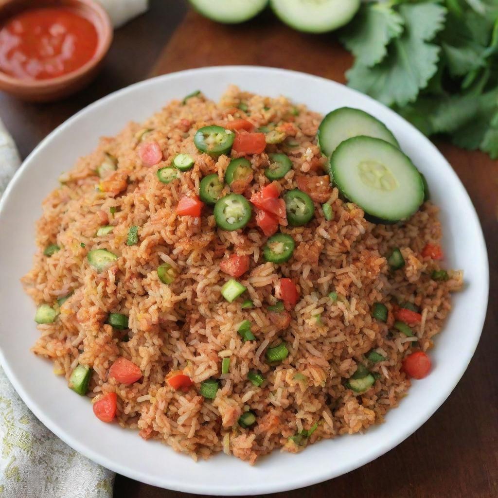 A spicy plate of Indonesian fried rice (Nasi Goreng) topped with a fiery chili sauce, garnished with fried shallots and served with slices of fresh cucumber and tomato on the side.