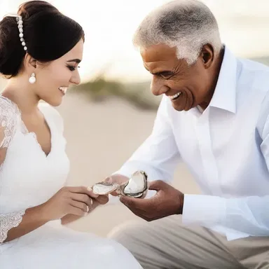 As they sat by the beach, he carefully shucked open the oyster and handed her the pearl, a symbol of their love and commitment.