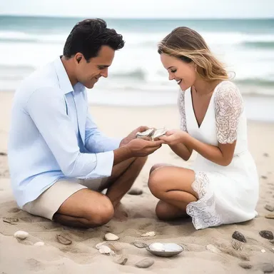 As they sat by the beach, he carefully shucked open the oyster and handed her the pearl, a symbol of their love and commitment.