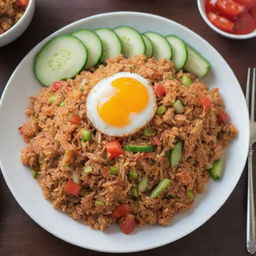 A spicy plate of Indonesian fried rice (Nasi Goreng) topped with a fiery chili sauce, garnished with fried shallots and served with slices of fresh cucumber and tomato on the side.