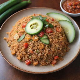 A spicy plate of Indonesian fried rice (Nasi Goreng) topped with a fiery chili sauce, garnished with fried shallots and served with slices of fresh cucumber and tomato on the side.