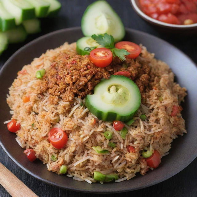 A spicy plate of Indonesian fried rice (Nasi Goreng) topped with a fiery chili sauce, garnished with fried shallots and served with slices of fresh cucumber and tomato on the side.