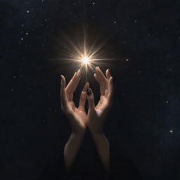 The delicate hands of a woman, encased in black sleeves, reaching out to tenderly grasp a singular, brilliantly shining star