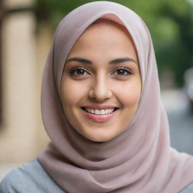 A beautiful woman wearing a hijab, flashing a sweet smile