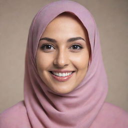 A beautiful woman wearing a hijab, flashing a sweet smile