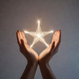 The outstretched hands of a woman, bathed in a soft glow, gently receiving a singular, intensely bright star