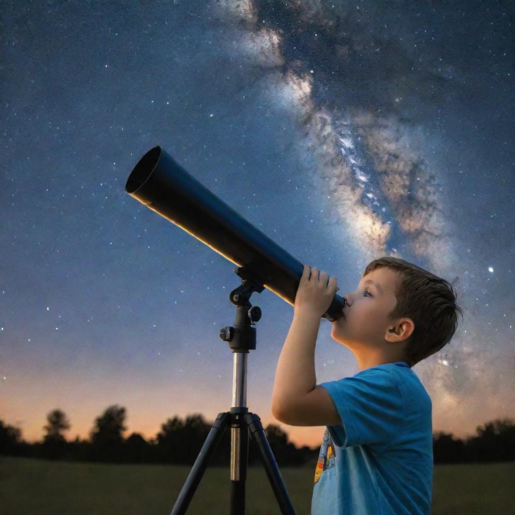 A young boy peering through a telescope under a vivid night sky, showcasing the sprawling Milky Way galaxy.