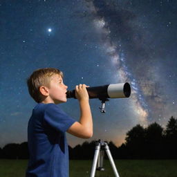 A young boy peering through a telescope under a vivid night sky, showcasing the sprawling Milky Way galaxy.