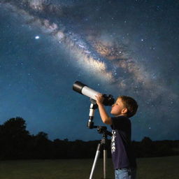 A young boy peering through a telescope under a vivid night sky, showcasing the sprawling Milky Way galaxy.