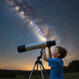 A young boy peering through a telescope under a vivid night sky, showcasing the sprawling Milky Way galaxy.