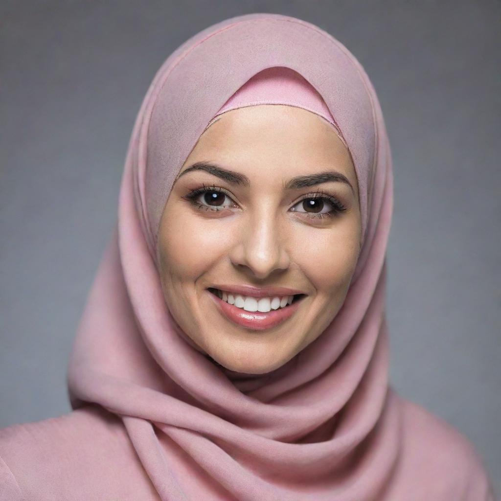 A beautiful woman wearing a hijab, her face radiant with a sweet smile.