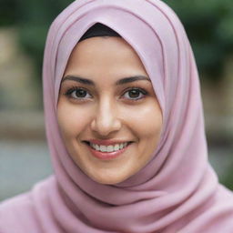 A beautiful woman wearing a hijab, her face radiant with a sweet smile.