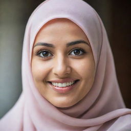 A beautiful woman wearing a hijab, her face radiant with a sweet smile.