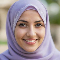 A beautiful woman wearing a hijab, her face radiant with a sweet smile.