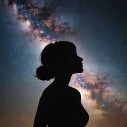 A striking silhouette of a woman, gazing intently towards the splendid, star-studded galaxy stretching before her