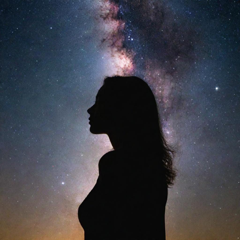 A striking silhouette of a woman, gazing intently towards the splendid, star-studded galaxy stretching before her