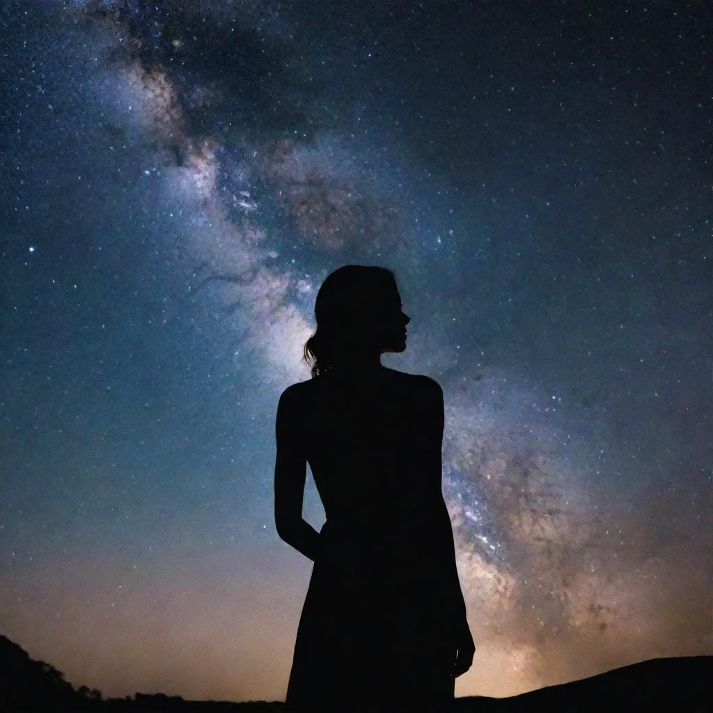 A striking silhouette of a woman, gazing intently towards the splendid, star-studded galaxy stretching before her