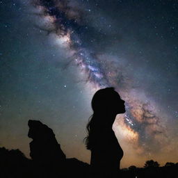 A striking silhouette of a woman, gazing intently towards the splendid, star-studded galaxy stretching before her