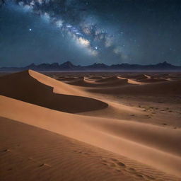 Transform the current scenery into a vast, tranquil desert under a starry night sky.