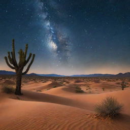 Transform the current scenery into a vast, tranquil desert under a starry night sky.