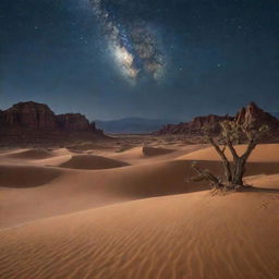 Transform the current scenery into a vast, tranquil desert under a starry night sky.