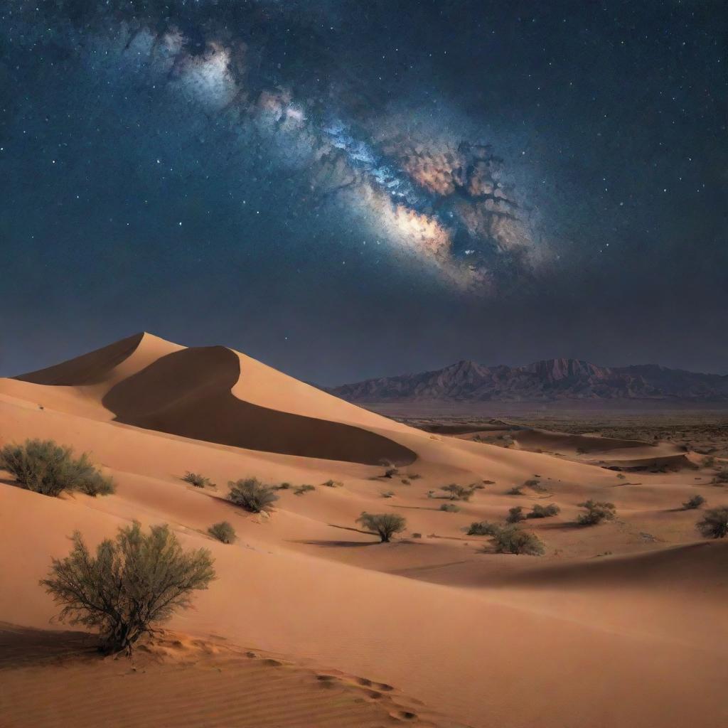 Transform the current scenery into a vast, tranquil desert under a starry night sky.