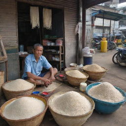 A lonely food stall owner selling rice in a quiet market