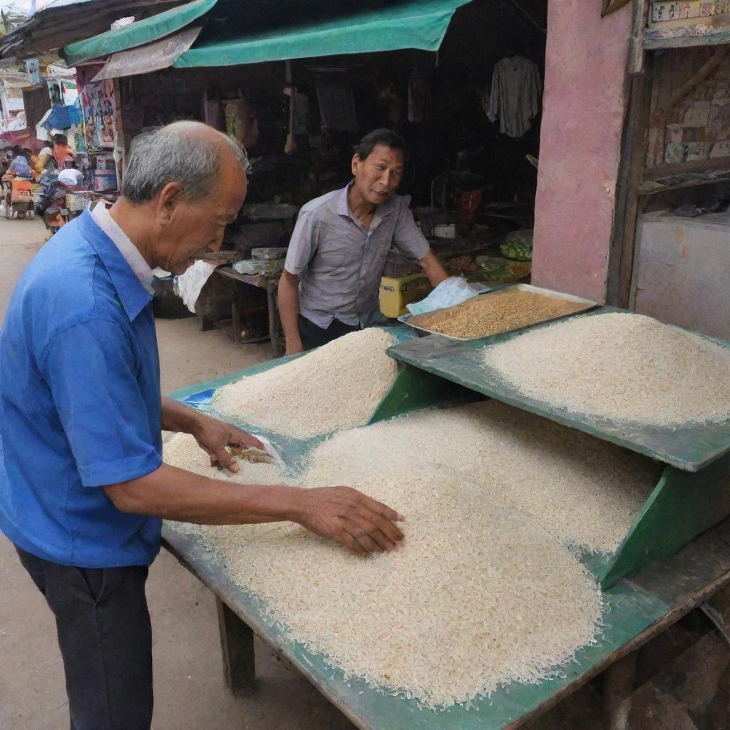 A lonely food stall owner selling rice in a quiet market