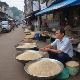 A lonely food stall owner selling rice in a quiet market